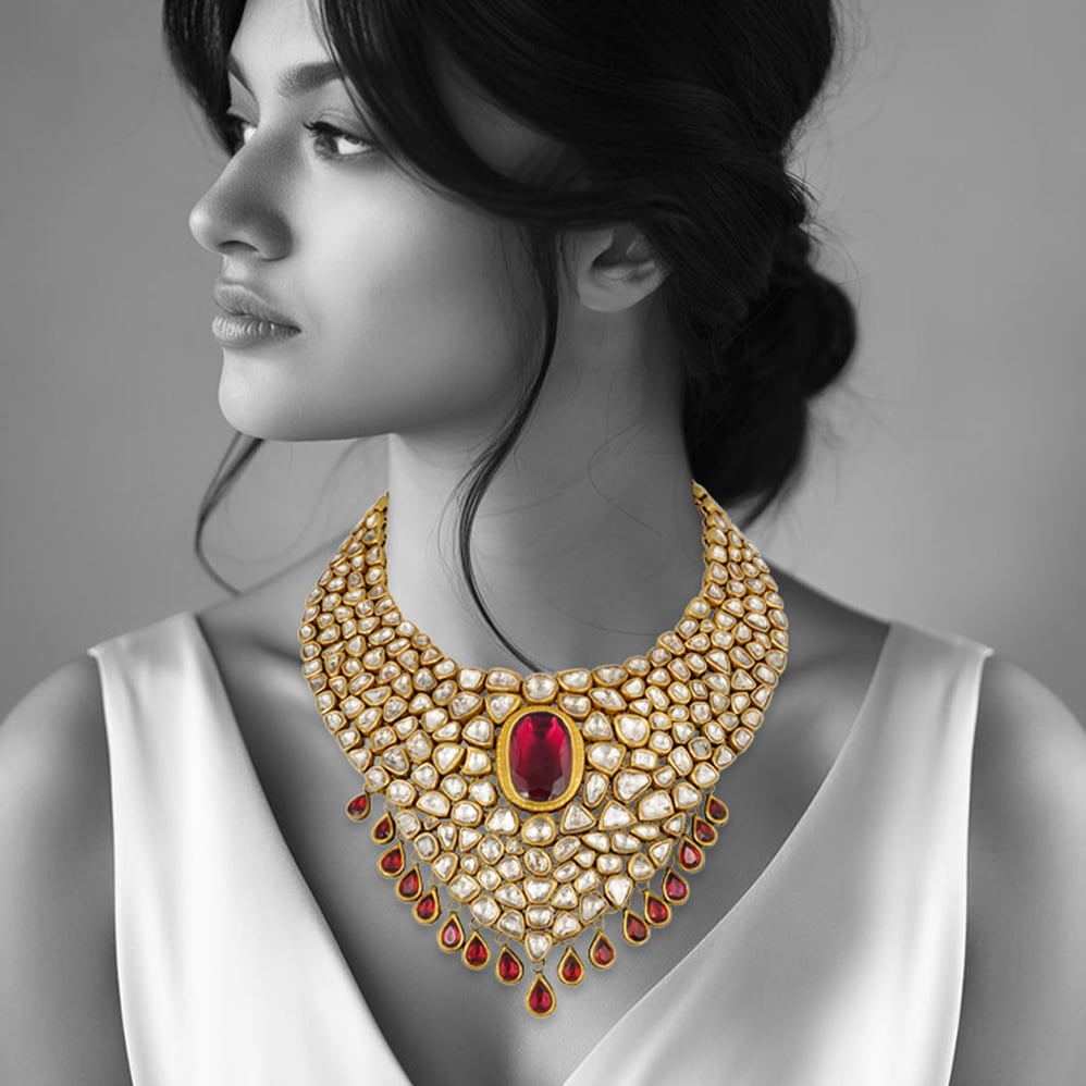 Bridal Polki Necklace with Rhodolite Center and Red Drops